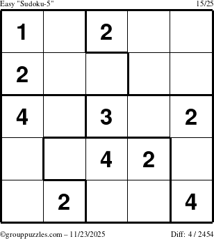 The grouppuzzles.com Easy Sudoku-5 puzzle for Sunday November 23, 2025