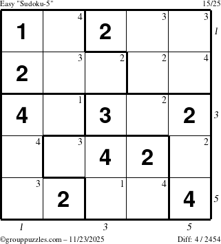 The grouppuzzles.com Easy Sudoku-5 puzzle for Sunday November 23, 2025 with all 4 steps marked