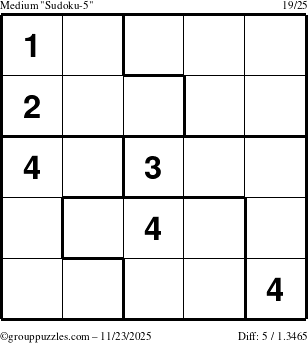 The grouppuzzles.com Medium Sudoku-5 puzzle for Sunday November 23, 2025
