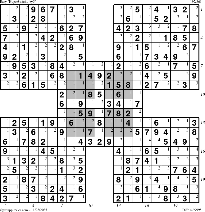 The grouppuzzles.com Easy HyperSudoku-by5 puzzle for Sunday November 23, 2025, suitable for printing, with all 4 steps marked