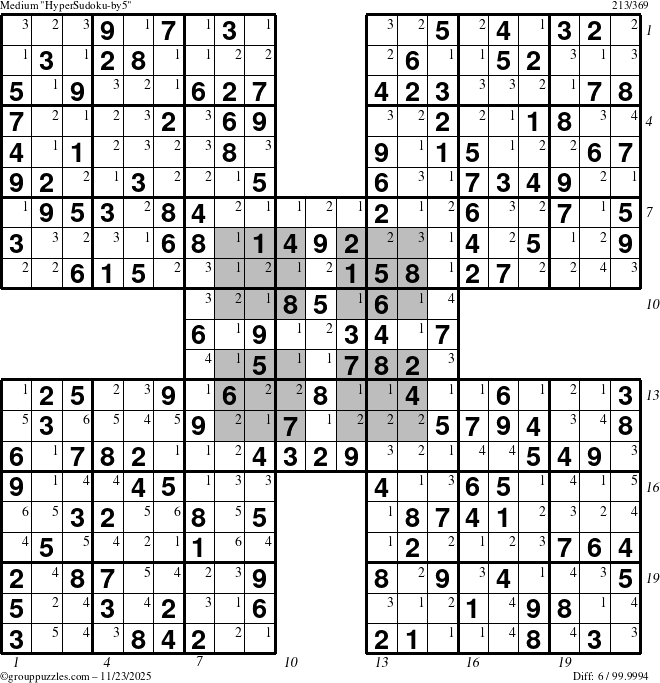 The grouppuzzles.com Medium HyperSudoku-by5 puzzle for Sunday November 23, 2025 with all 6 steps marked