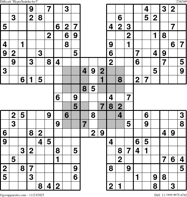 The grouppuzzles.com Difficult HyperSudoku-by5 puzzle for Sunday November 23, 2025