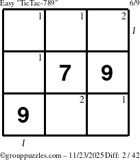 The grouppuzzles.com Easy TicTac-789 puzzle for Sunday November 23, 2025 with all 2 steps marked