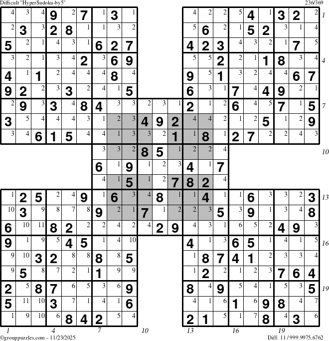 The grouppuzzles.com Difficult HyperSudoku-by5 puzzle for Sunday November 23, 2025, suitable for printing, with all 11 steps marked