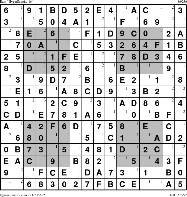 The grouppuzzles.com Easy HyperSudoku-16 puzzle for Sunday November 23, 2025 with the first 3 steps marked