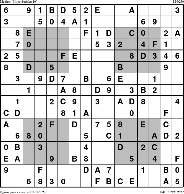 The grouppuzzles.com Medium HyperSudoku-16 puzzle for Sunday November 23, 2025