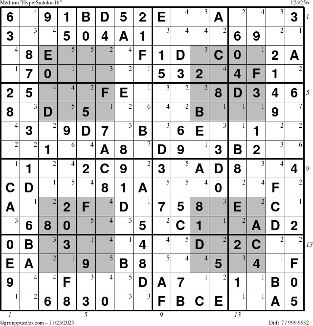 The grouppuzzles.com Medium HyperSudoku-16 puzzle for Sunday November 23, 2025 with all 7 steps marked