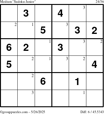 The grouppuzzles.com Medium Sudoku-Junior puzzle for Monday May 26, 2025 with the first 3 steps marked