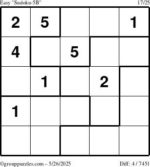 The grouppuzzles.com Easy Sudoku-5B puzzle for Monday May 26, 2025