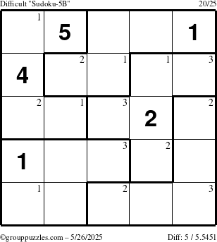 The grouppuzzles.com Difficult Sudoku-5B puzzle for Monday May 26, 2025 with the first 3 steps marked