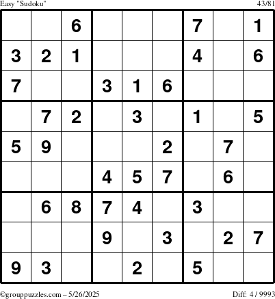 The grouppuzzles.com Easy Sudoku puzzle for Monday May 26, 2025