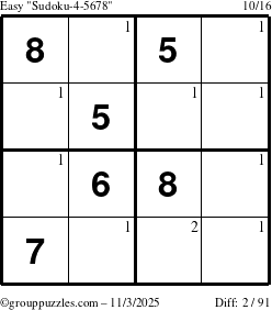 The grouppuzzles.com Easy Sudoku-4-5678 puzzle for Monday November 3, 2025 with the first 2 steps marked