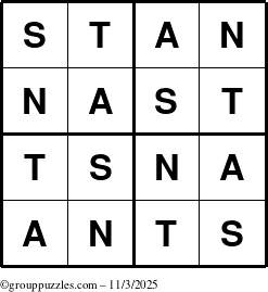The grouppuzzles.com Answer grid for the Stan puzzle for Monday November 3, 2025