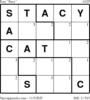 The grouppuzzles.com Easy Stacy puzzle for Monday November 3, 2025 with the first 3 steps marked
