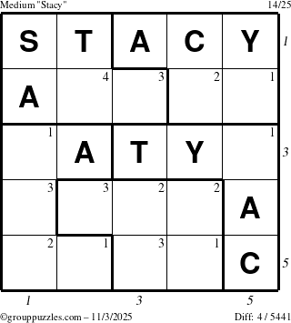 The grouppuzzles.com Medium Stacy puzzle for Monday November 3, 2025 with all 4 steps marked