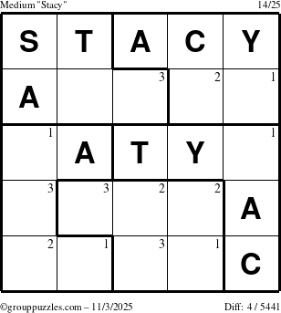 The grouppuzzles.com Medium Stacy puzzle for Monday November 3, 2025 with the first 3 steps marked
