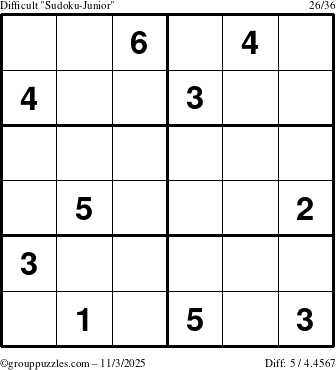 The grouppuzzles.com Difficult Sudoku-Junior puzzle for Monday November 3, 2025