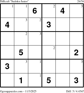 The grouppuzzles.com Difficult Sudoku-Junior puzzle for Monday November 3, 2025 with the first 3 steps marked