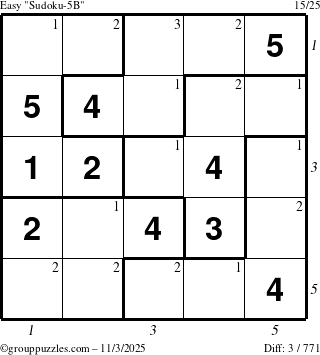 The grouppuzzles.com Easy Sudoku-5B puzzle for Monday November 3, 2025, suitable for printing, with all 3 steps marked