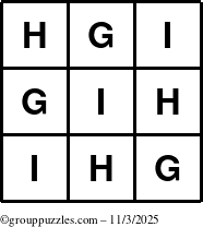 The grouppuzzles.com Answer grid for the TicTac-GHI puzzle for Monday November 3, 2025