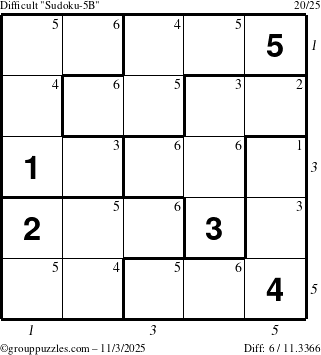 The grouppuzzles.com Difficult Sudoku-5B puzzle for Monday November 3, 2025, suitable for printing, with all 6 steps marked