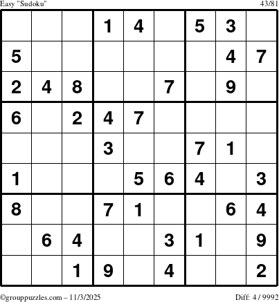 The grouppuzzles.com Easy Sudoku puzzle for Monday November 3, 2025