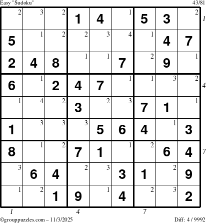 The grouppuzzles.com Easy Sudoku puzzle for Monday November 3, 2025 with all 4 steps marked