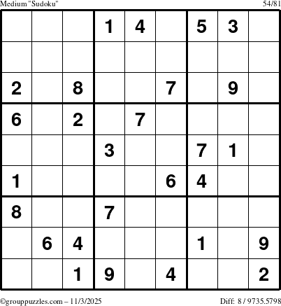 The grouppuzzles.com Medium Sudoku puzzle for Monday November 3, 2025