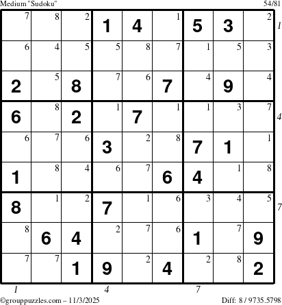 The grouppuzzles.com Medium Sudoku puzzle for Monday November 3, 2025 with all 8 steps marked
