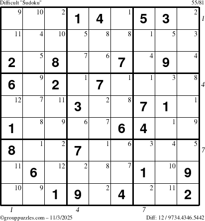 The grouppuzzles.com Difficult Sudoku puzzle for Monday November 3, 2025, suitable for printing, with all 12 steps marked