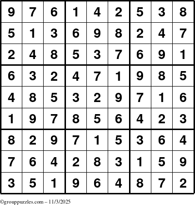 The grouppuzzles.com Answer grid for the Sudoku puzzle for Monday November 3, 2025