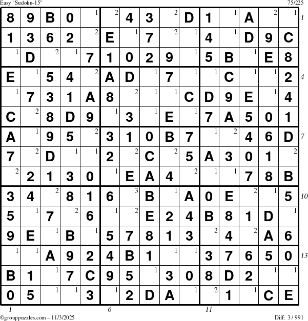 The grouppuzzles.com Easy Sudoku-15 puzzle for Monday November 3, 2025 with all 3 steps marked