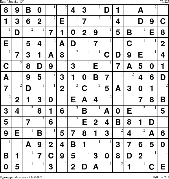 The grouppuzzles.com Easy Sudoku-15 puzzle for Monday November 3, 2025 with the first 3 steps marked