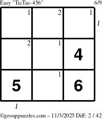The grouppuzzles.com Easy TicTac-456 puzzle for Monday November 3, 2025, suitable for printing, with all 2 steps marked