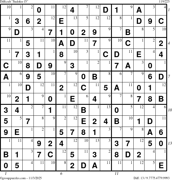 The grouppuzzles.com Difficult Sudoku-15 puzzle for Monday November 3, 2025 with all 13 steps marked