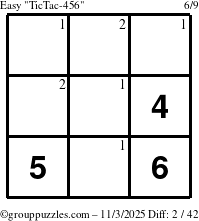 The grouppuzzles.com Easy TicTac-456 puzzle for Monday November 3, 2025 with the first 2 steps marked