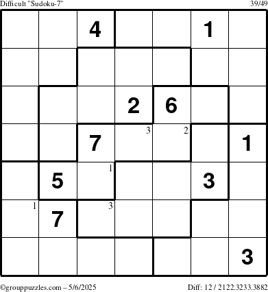The grouppuzzles.com Difficult Sudoku-7 puzzle for Tuesday May 6, 2025 with the first 3 steps marked