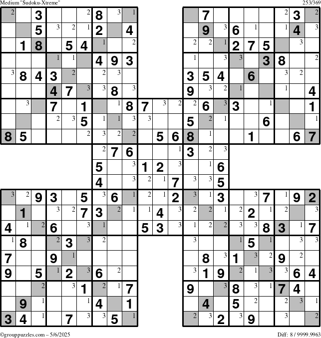 The grouppuzzles.com Medium Sudoku-Xtreme puzzle for Tuesday May 6, 2025 with the first 3 steps marked