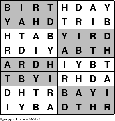 The grouppuzzles.com Answer grid for the Super-Birthday puzzle for Tuesday May 6, 2025