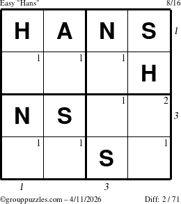 The grouppuzzles.com Easy Hans puzzle for Saturday April 11, 2026 with all 2 steps marked