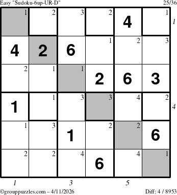 The grouppuzzles.com Easy Sudoku-6up-UR-D puzzle for Saturday April 11, 2026 with all 4 steps marked