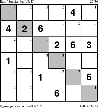 The grouppuzzles.com Easy Sudoku-6up-UR-D puzzle for Saturday April 11, 2026 with the first 3 steps marked