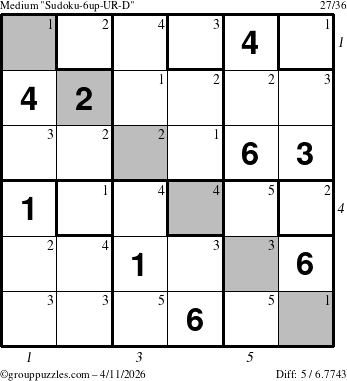 The grouppuzzles.com Medium Sudoku-6up-UR-D puzzle for Saturday April 11, 2026 with all 5 steps marked