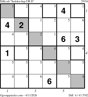 The grouppuzzles.com Difficult Sudoku-6up-UR-D puzzle for Saturday April 11, 2026 with all 6 steps marked