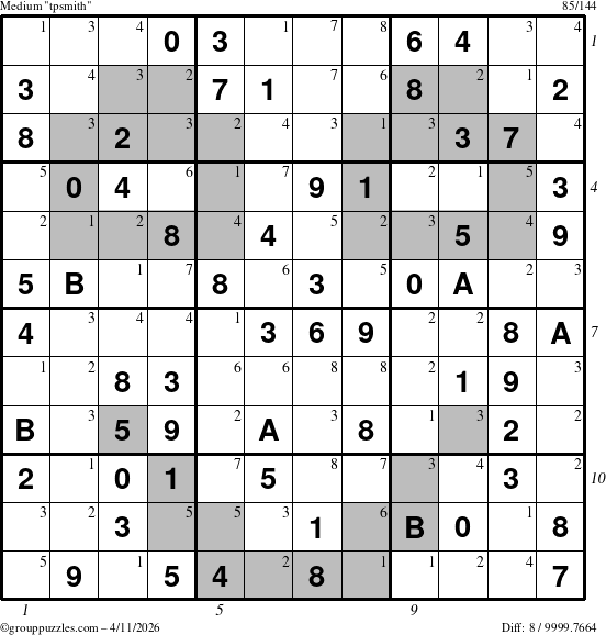The grouppuzzles.com Medium tpsmith puzzle for Saturday April 11, 2026 with all 8 steps marked