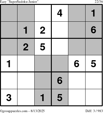 The grouppuzzles.com Easy SuperSudoku-Junior puzzle for Wednesday August 13, 2025