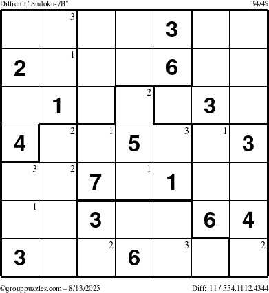The grouppuzzles.com Difficult Sudoku-7B puzzle for Wednesday August 13, 2025 with the first 3 steps marked