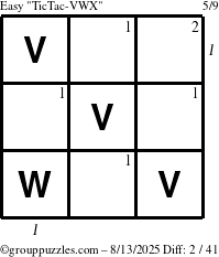 The grouppuzzles.com Easy TicTac-VWX puzzle for Wednesday August 13, 2025 with all 2 steps marked