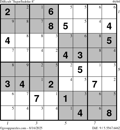 The grouppuzzles.com Difficult SuperSudoku-8 puzzle for Saturday August 16, 2025, suitable for printing, with all 9 steps marked