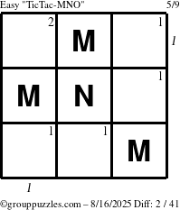 The grouppuzzles.com Easy TicTac-MNO puzzle for Saturday August 16, 2025, suitable for printing, with all 2 steps marked